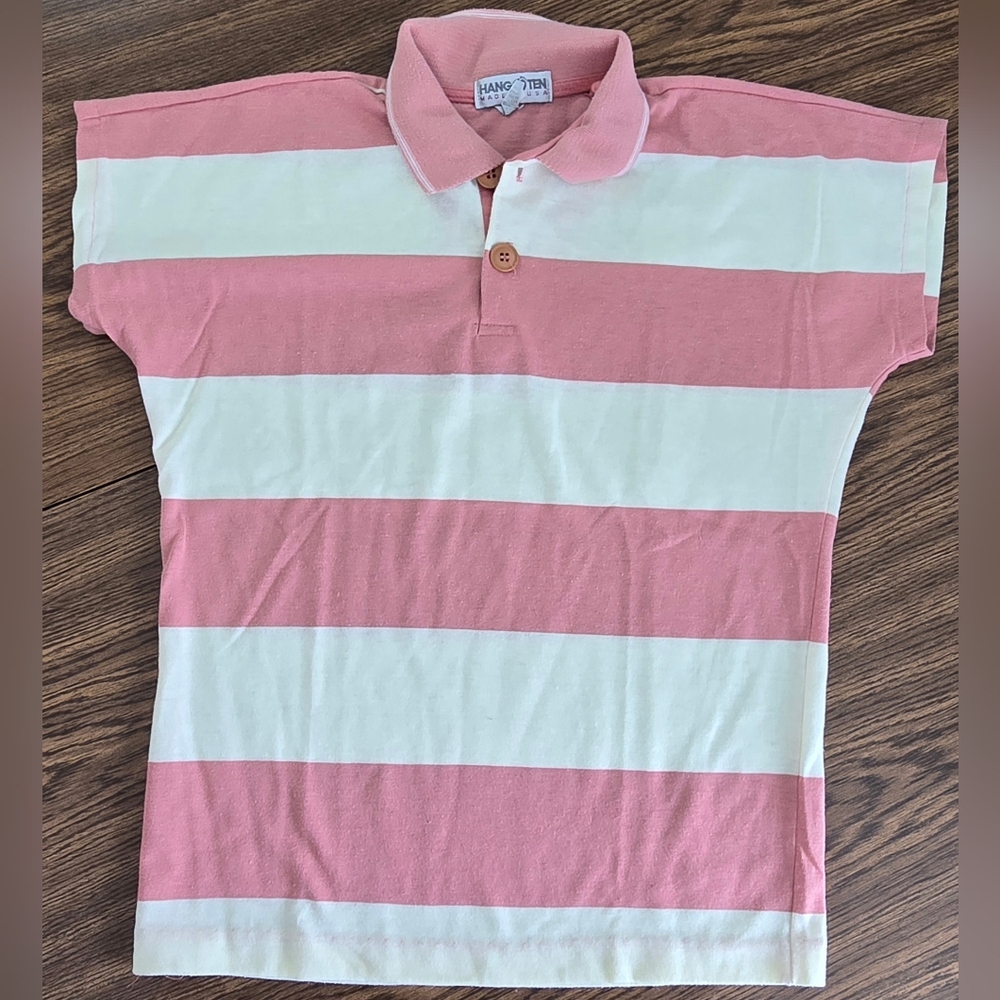 Hang Ten 👣 Pink And White Striped Collared Short Sleeve